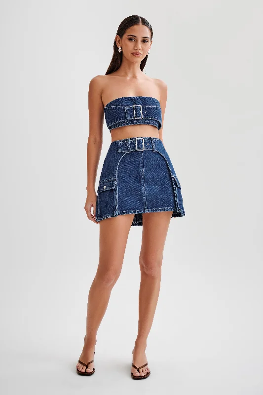 Rowena Denim Buckle Mini Skirt - Dark Blue mini skirt trendy