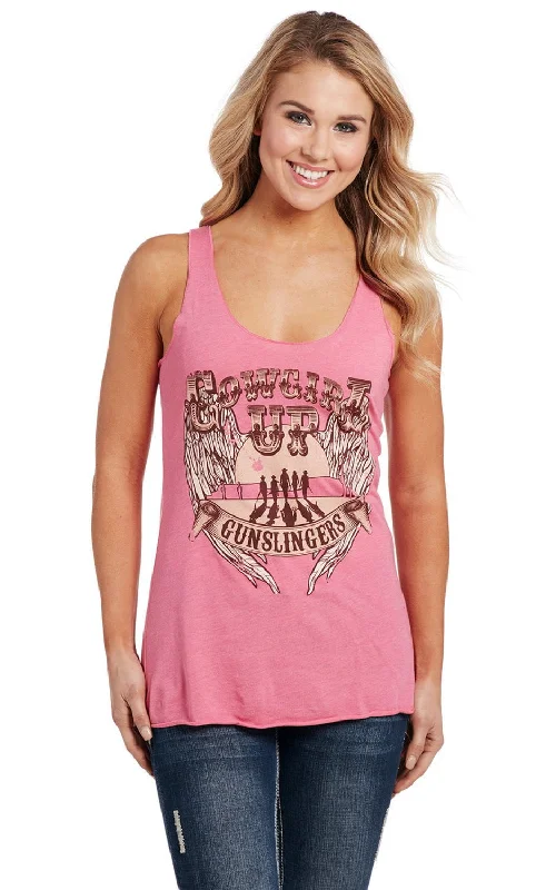 Cowgirl Up Womens Gunslingers Raw Edge Pink Cotton Blend S/L Tank Top black tank top
