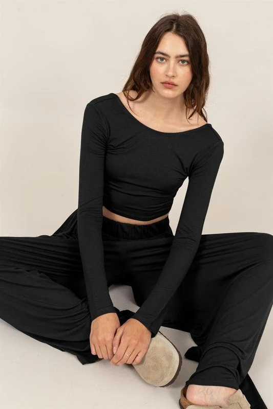 Long Sleeve Crop Top And Pants Set Sleek Black Pants