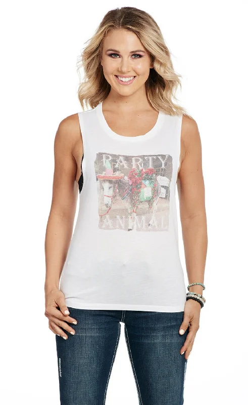 Cowgirl Up Womens Party Animal Flowy White Polyester S/L Tank Top lavender tank top