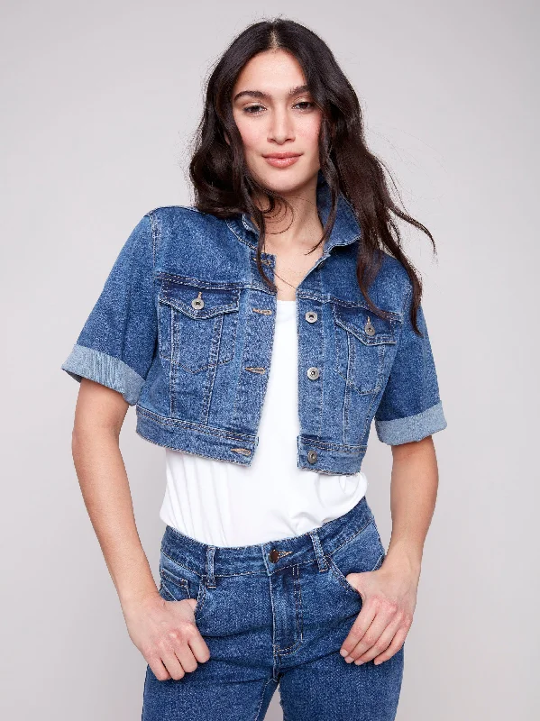 Cropped Denim Jacket - Medium Blue Mesh Jacket Canvas Jacket Denim Jacket