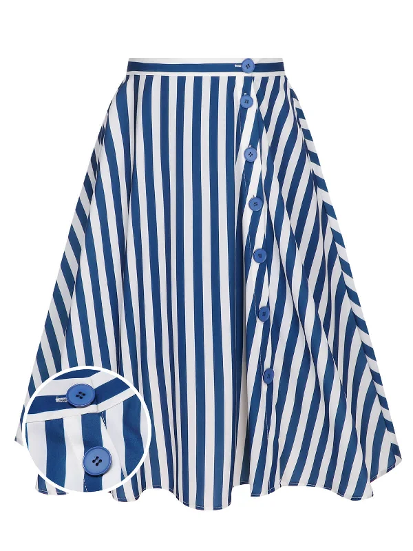 Blue 1940s Stripe Buttoned A-Line Skirt casual skirt length