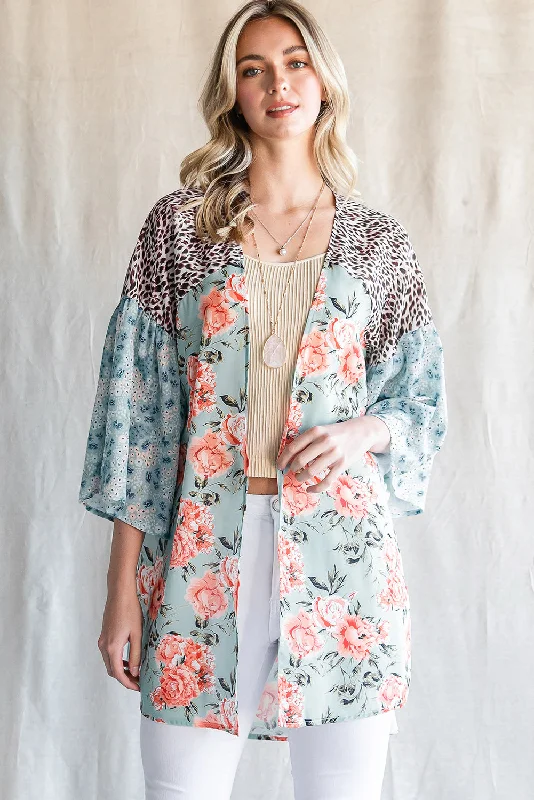 Animal Print Floral Three-Quarter Sleeve Cardigan Silk Blend Satin Velvet