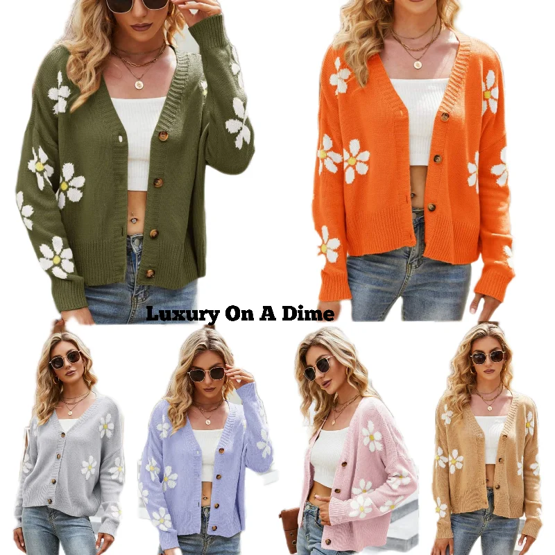 Retro Knit Daisy Flower Classic Button Front Long Sleeve Cardigan Fun 70s Floral Beaded Cardigan Sequined Faux Fur Retro Knit Daisy Flower Classic Button Front Long Sleeve Cardigan Fun 70s Floral Beaded Cardigan Sequined Faux Fur