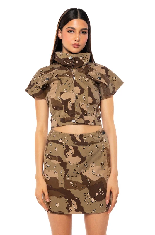 WE RIDE CAMO BUTTON DOWN AND MINI SKIRT SET IN BROWN elastic waist skirt