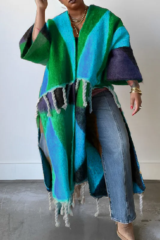 Casual Colorblock Tassel Hem Cardigan Welt Pockets Slit Pockets Flap Pockets