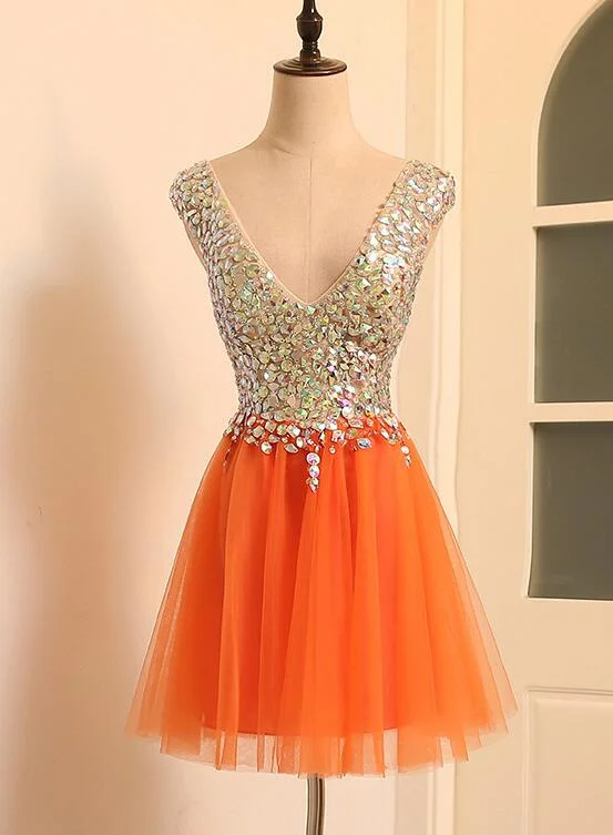 A-line V-neckline Short Tulle Beaded Homecoming Dress, Orange Tulle Short Party Dress Tunics Office stylish A-line V-neckline Short Tulle Beaded Homecoming Dress, Orange Tulle Short Party Dress Tunics Office stylish