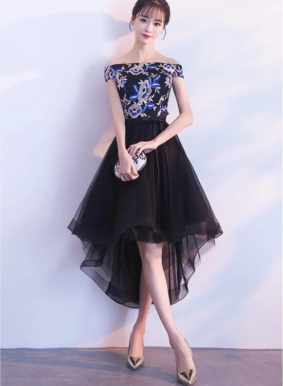 Elegant High Low Embroidery Off Shoulder Party Dresses, Black Homecoming Dresses, Cute Party Dresses Tunics Stylish modern Elegant High Low Embroidery Off Shoulder Party Dresses, Black Homecoming Dresses, Cute Party Dresses Tunics Stylish modern