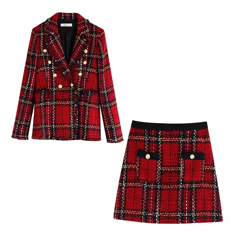 Spring Autumn Women suits Plaid Skirt Set casual double-breasted tweed plaid ladies jacket Slim and elegant bust Two-piece Chenille Jacket Brocade Jacket Lace Jacket Spring Autumn Women suits Plaid Skirt Set casual double-breasted tweed plaid ladies jacket Slim and elegant bust Two-piece Chenille Jacket Brocade Jacket Lace Jacket