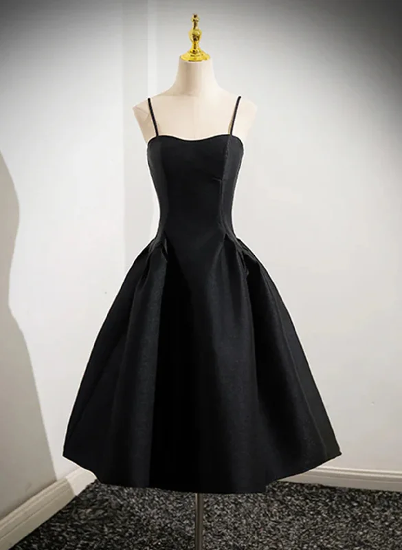 Black Satin Spaghetti Straps Short Prom Dress, Black Homecoming Party Dress Crew Neckline Sporty Black Satin Spaghetti Straps Short Prom Dress, Black Homecoming Party Dress Crew Neckline Sporty