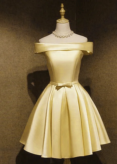 Light Yellow Satin Off Shoulder Knee Length Party Dress Prom Dress, Short Homecoming Dress Tunics Leisure comfortable Light Yellow Satin Off Shoulder Knee Length Party Dress Prom Dress, Short Homecoming Dress Tunics Leisure comfortable