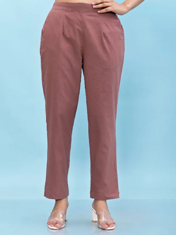 Women Mauve Solid Cotton Pants With Partially Elasticated Waistband And Two Side Pockets Chic Checkered Pants Women Mauve Solid Cotton Pants With Partially Elasticated Waistband And Two Side Pockets Chic Checkered Pants