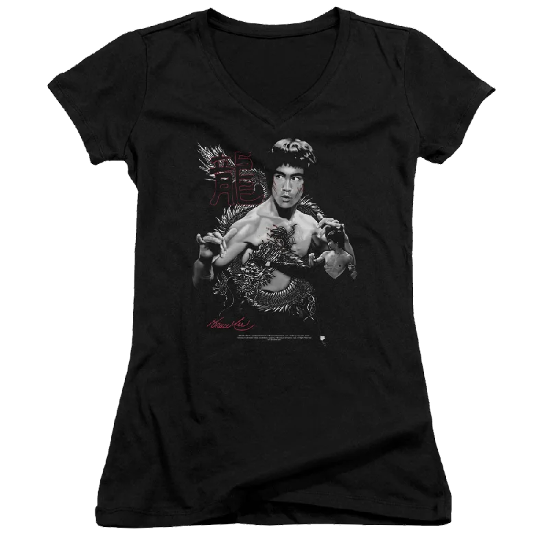 Bruce Lee The Dragon - Juniors V-Neck T-Shirt-- Graphic Embroidered Appliqued