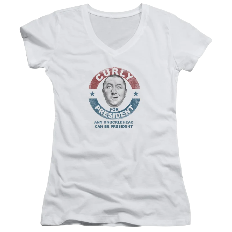 The Three Stooges Curly For President Juniors V-Neck T-Shirt-- Zippered Front Buttoned Front Snap Front