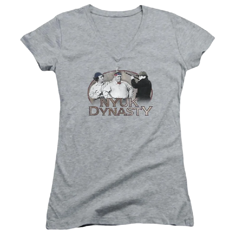 The Three Stooges Nyuk Dynasty Juniors V-Neck T-Shirt-- Fleece Fabric Down Fabric Feather Fabric