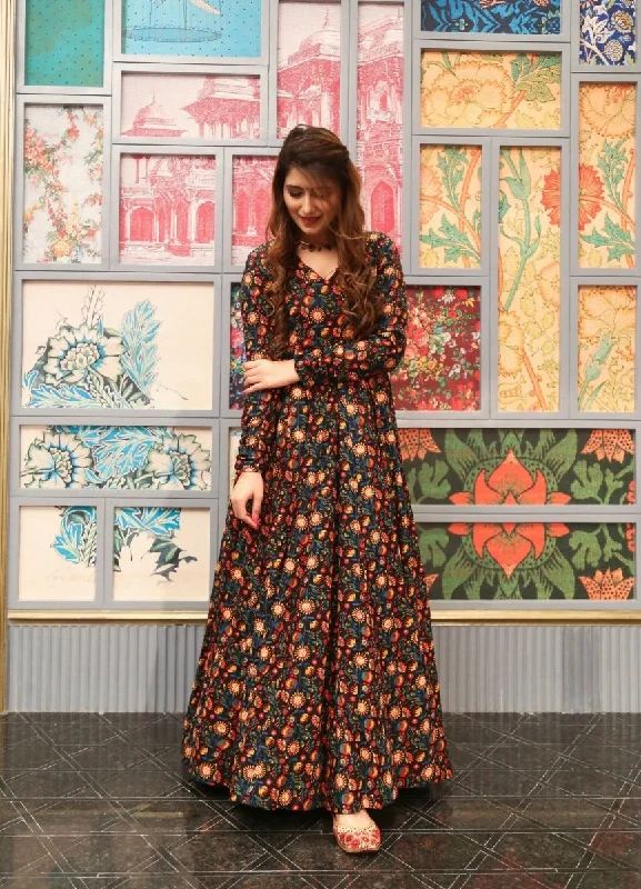 Aastha Fashion Women's Brown Cotton Silk Digital Printed Anarkali Dress empire Waist empire