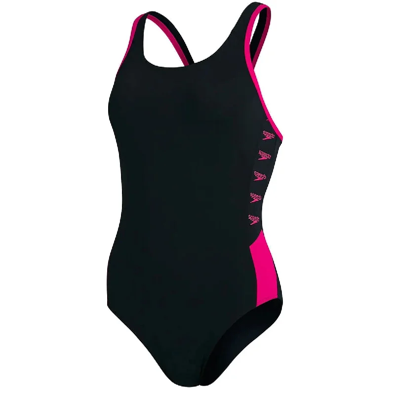Speedo Boom Logo Splice Muscleback Swimsuit - Womens - Black/Pink Push-Up Swimsuit Top Speedo Boom Logo Splice Muscleback Swimsuit - Womens - Black/Pink Push-Up Swimsuit Top