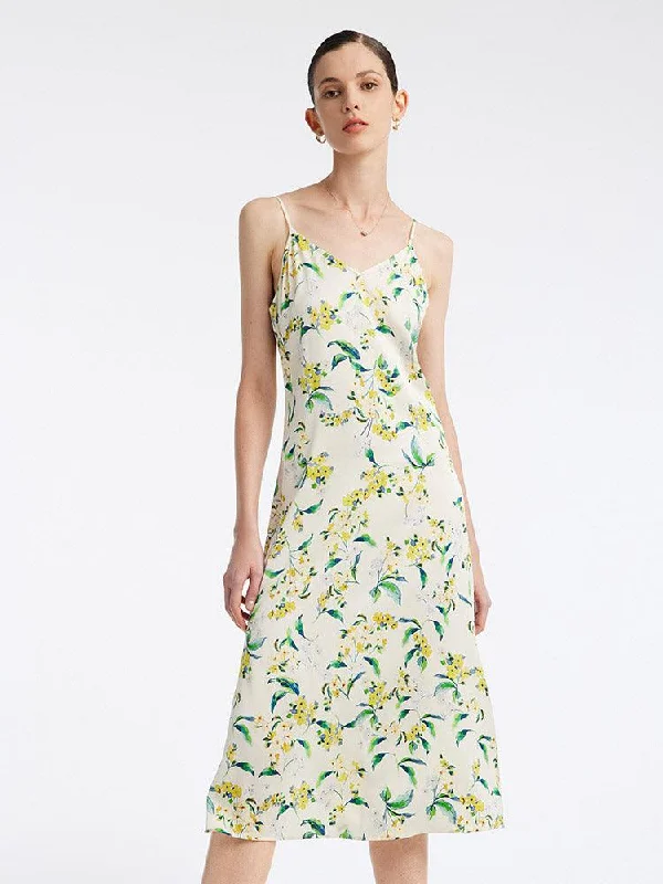 19 Momme Stretch Silk Floral Spaghetti Strap Dress Tunics Prom sequined