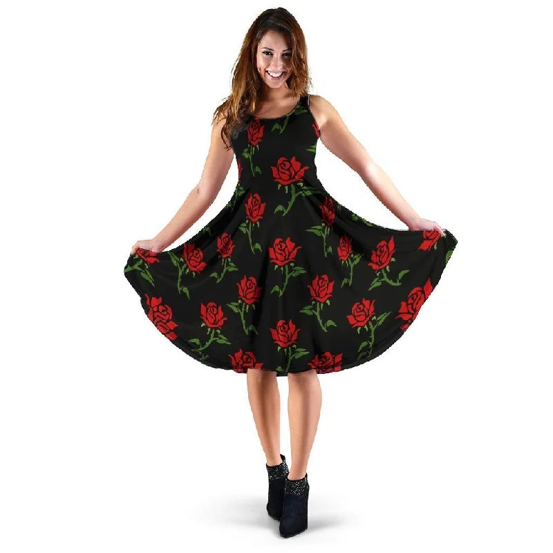 Red Doodle Rose Floral Dress Tunics Running lightweight