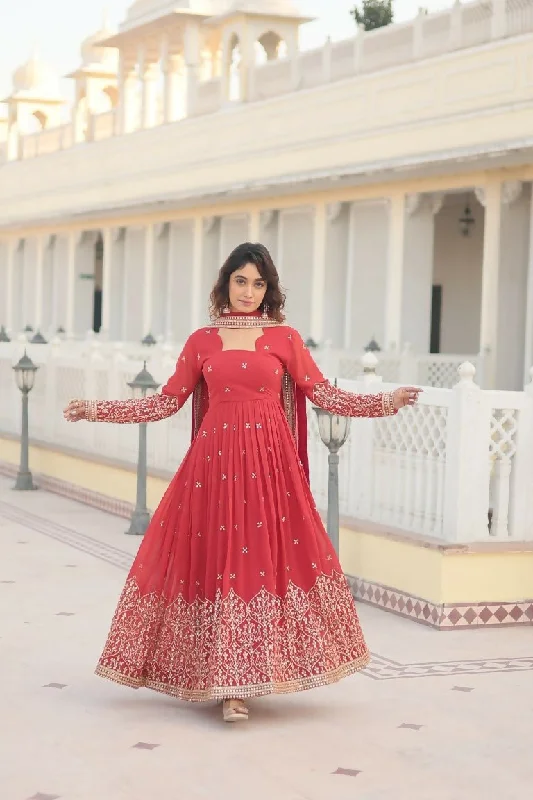 Aastha Fashion Women's Rani Pink Faux Georgette Sequins Embroidered Anarkali Dress with Dupatta Tunics Solid Classic