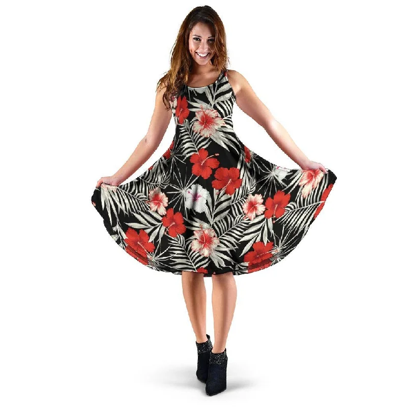 Red And White Hibiscus Flowers Hawaiian Print Dress Tunics Custom made