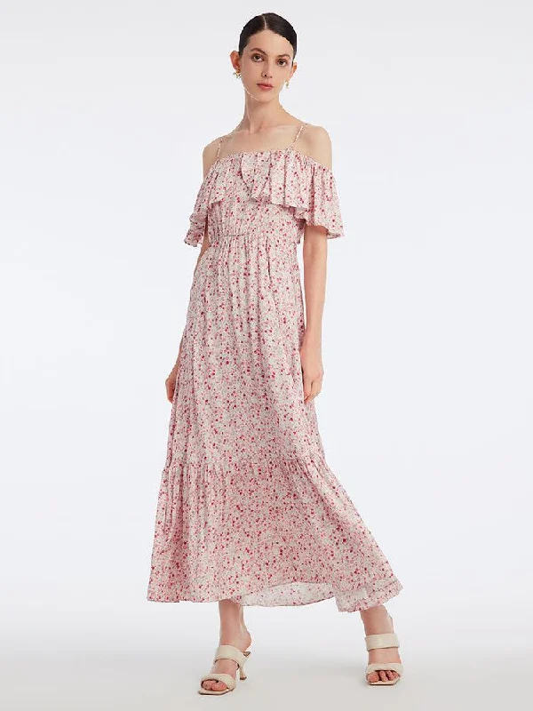 Ruffle One Shoulder Floral Mid-Calf Dress Tunics Trousers formal