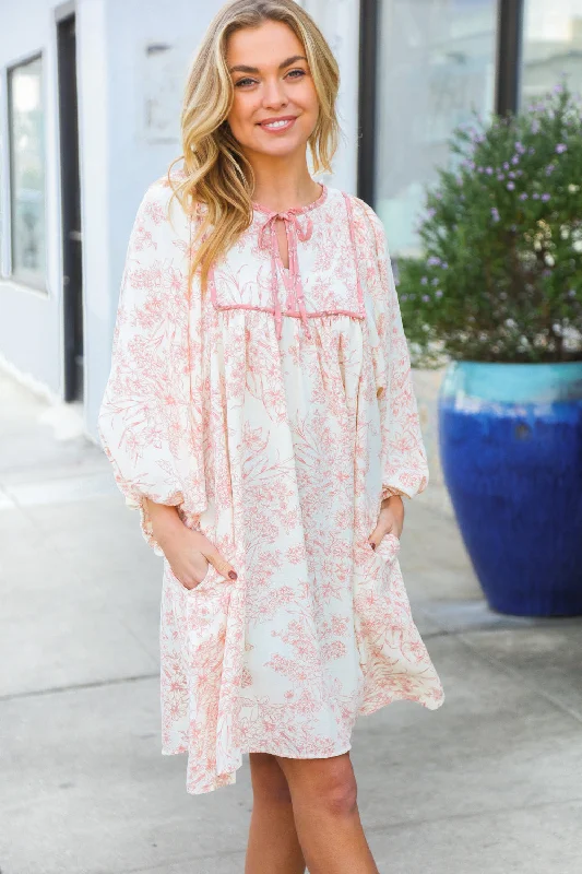 Boho Vibes Ivory/Coral Contrast Binding Notched Bow Tie Lined Dress Tunics Fleece cozy Boho Vibes Ivory/Coral Contrast Binding Notched Bow Tie Lined Dress Tunics Fleece cozy