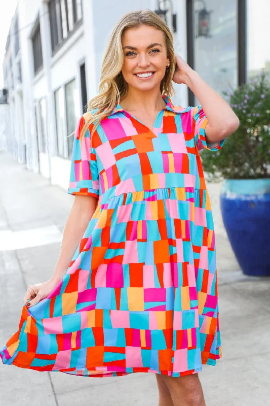Sunny Days Fuchsia Abstract Print Notched Collar Frock Dress Tunics Distressed trendy Sunny Days Fuchsia Abstract Print Notched Collar Frock Dress Tunics Distressed trendy