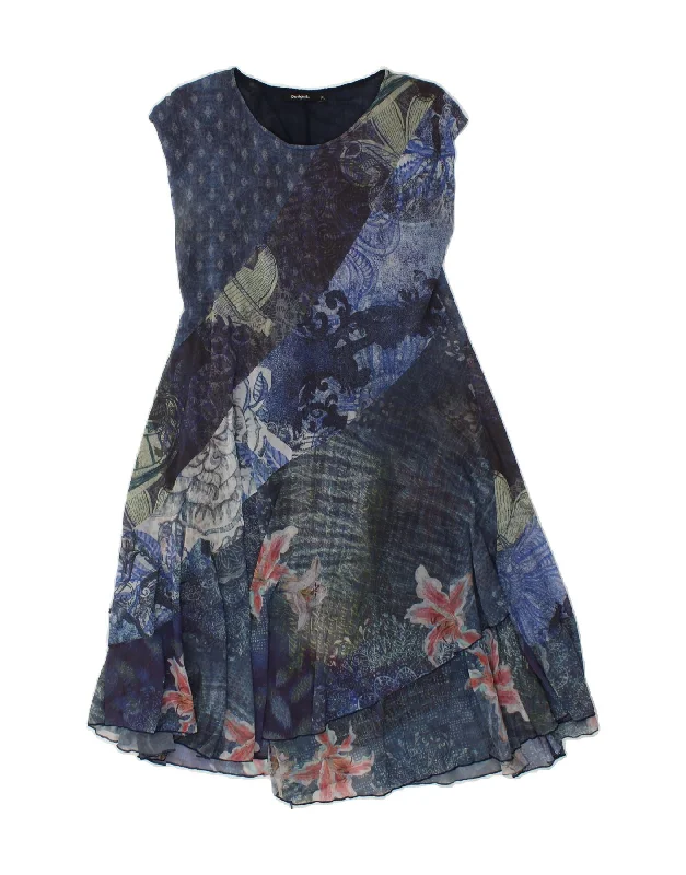 DESIGUAL Womens A-Line Dress UK 18 XL Blue Floral Polyamide Tunics Handmade artisanal