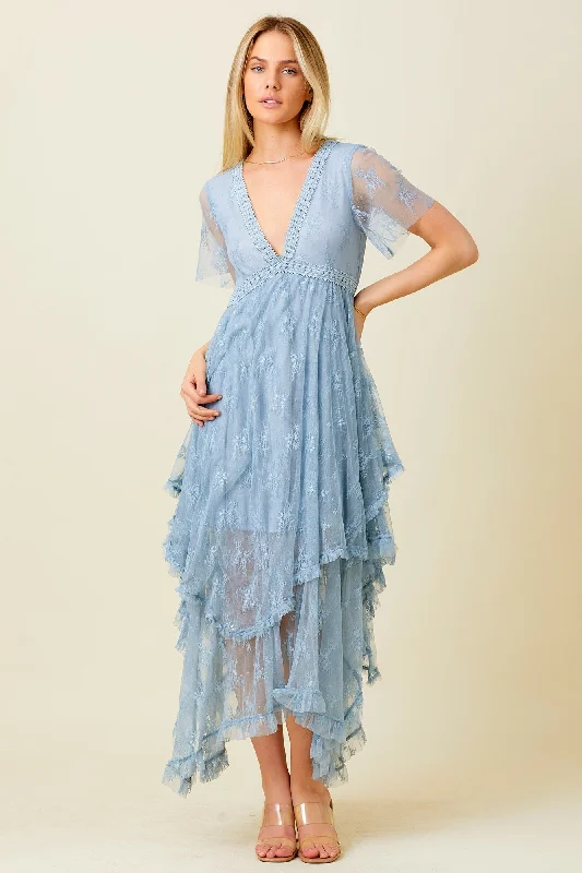 Dusty Blue Embellished Lace Hem Dress Tunics Brand named