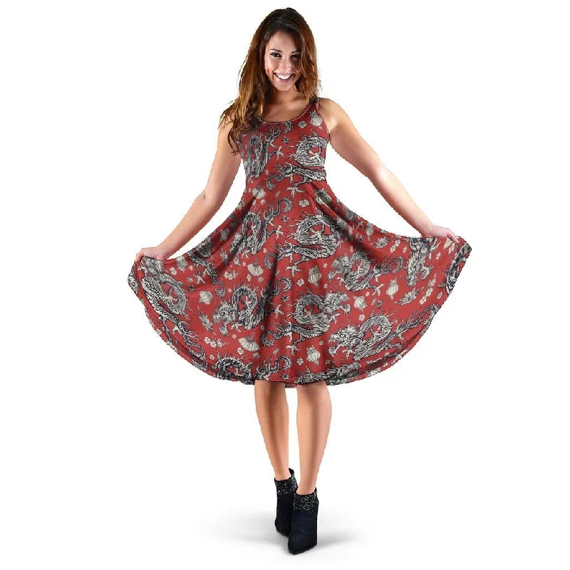 Red Chinese Dragon Floral Print Dress Tunics Occasion special