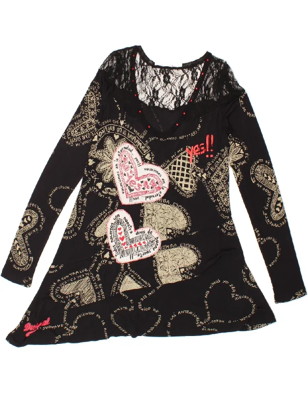 DESIGUAL Womens Graphic Long Sleeve Asymmetrical Dress UK 12 Medium Black Tunics Formal black