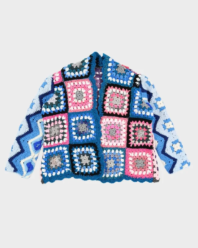 Vintage 1980s Quit Knitted Pink Blue and White Cardigan - L Herringbone Houndstooth Plaid