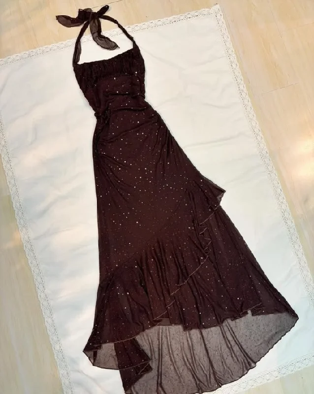 Brown Halter Neck Sheath Chiffon Long Prom Dress Vintage Party Dress, DP4791 Tunics Travel practical Brown Halter Neck Sheath Chiffon Long Prom Dress Vintage Party Dress, DP4791 Tunics Travel practical