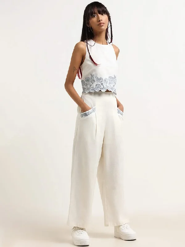 Bombay Paisley White Embroidered Cotton Blend Pants Lightweight Linen Pants