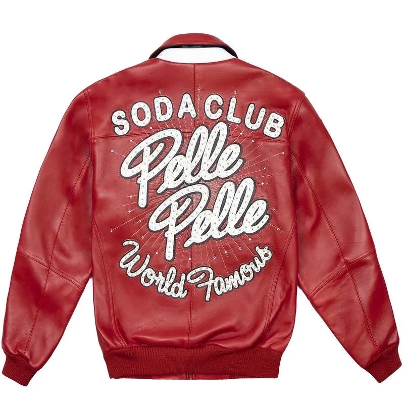 Pelle Pelle World Famous Soda Club Leather Varsity Jacket - Red Satin Jacket Silk Jacket Chiffon Jacket