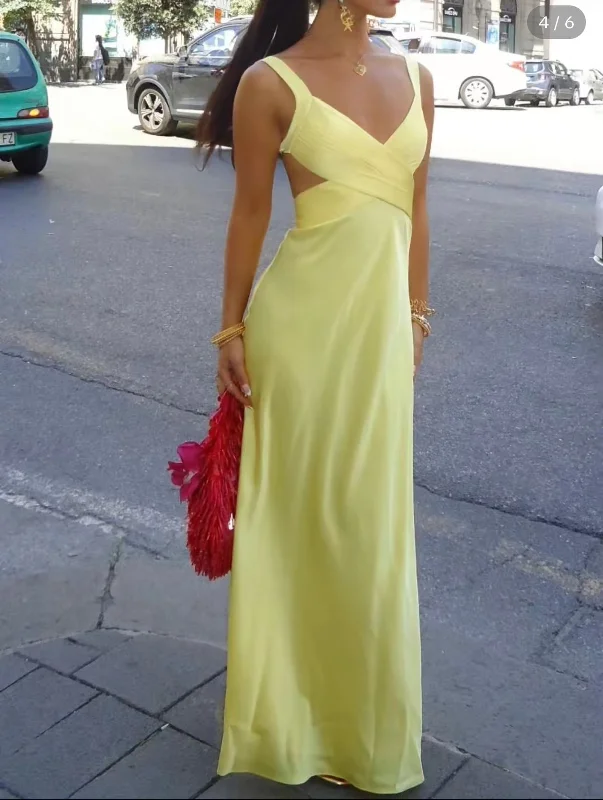 Yellow Straps V Neck Sheath Satin Long Party Dress Wedding Guest Dress, DP4788 Tunics Office stylish Yellow Straps V Neck Sheath Satin Long Party Dress Wedding Guest Dress, DP4788 Tunics Office stylish