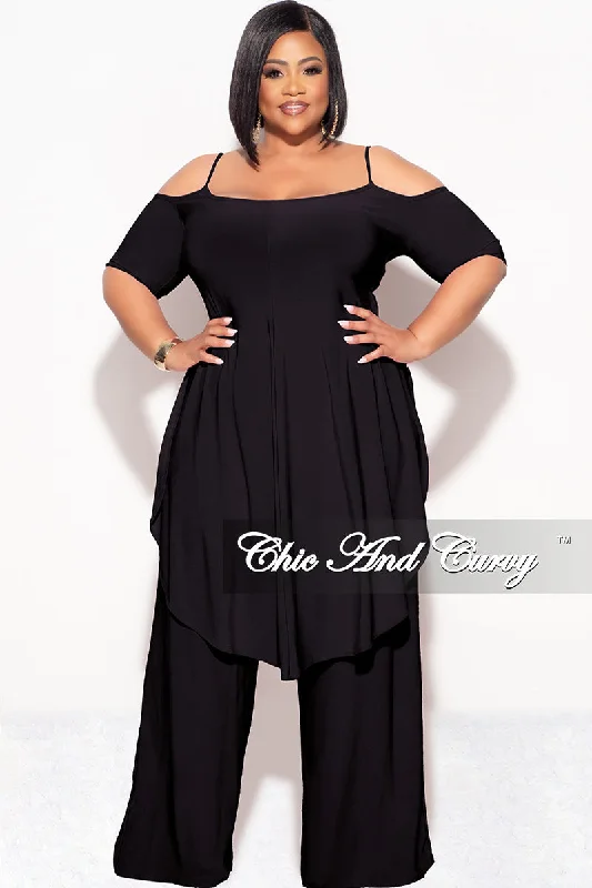 Final Sale Plus Size 2pc Cold Shoulder High Low Top and Wide Leg Pants in Black Comfortable Jogging Pants Final Sale Plus Size 2pc Cold Shoulder High Low Top and Wide Leg Pants in Black Comfortable Jogging Pants