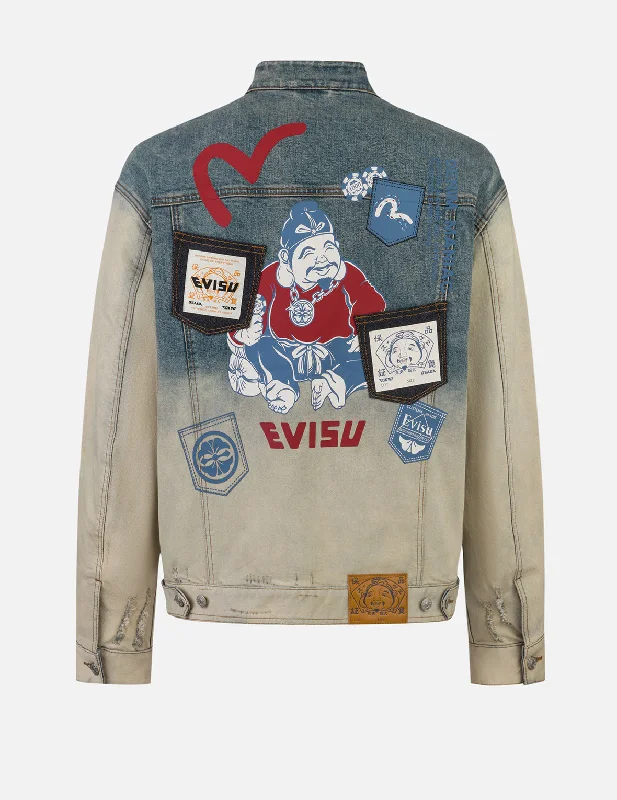 Ebisu Print and Multi-Pocket Loose Fit Biker Denim Jacket Print Jacket Jacquard Jacket Patchwork Jacket Ebisu Print and Multi-Pocket Loose Fit Biker Denim Jacket Print Jacket Jacquard Jacket Patchwork Jacket