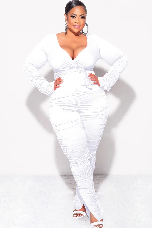 Final Sale Plus Size Ruched 2pc Faux Wrap Tie Top and Pants in White Relaxed Casual Leggings Final Sale Plus Size Ruched 2pc Faux Wrap Tie Top and Pants in White Relaxed Casual Leggings