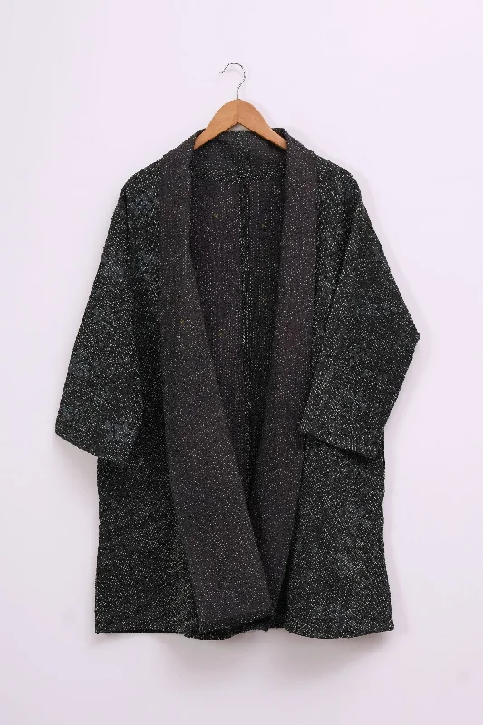 Black Vintage Cotton Kantha Jacket Zip Front Button Front Snap Front