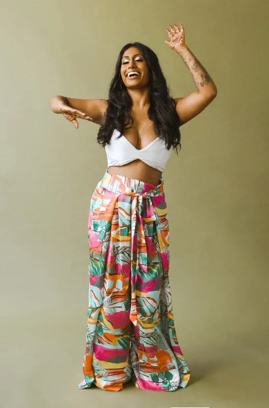 LESHA Abstract Print Pants Stylish Paperbag Waist Pants