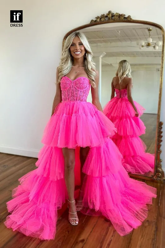 32966 - High Low Strapless Tiered Tulle Long Homecoming Party Dress with Train Tunics Wedding white 32966 - High Low Strapless Tiered Tulle Long Homecoming Party Dress with Train Tunics Wedding white