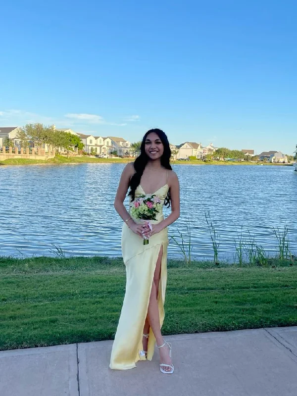 Light Yellow V Neck Straps Sheath Satin Long Party Dress Simple Prom Dress, DP4798 Tunics Leisure comfortable Light Yellow V Neck Straps Sheath Satin Long Party Dress Simple Prom Dress, DP4798 Tunics Leisure comfortable