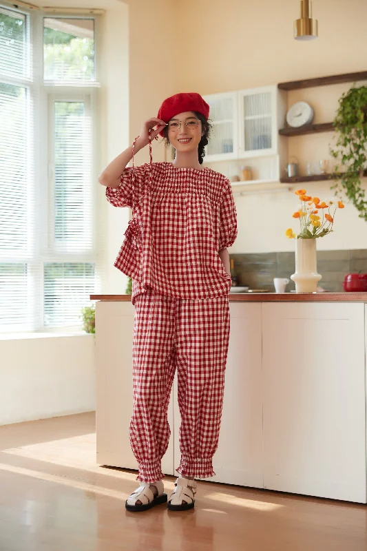 Gingham Check Smocking Embroidery Pumpkin Pants Comfy Athletic Pants