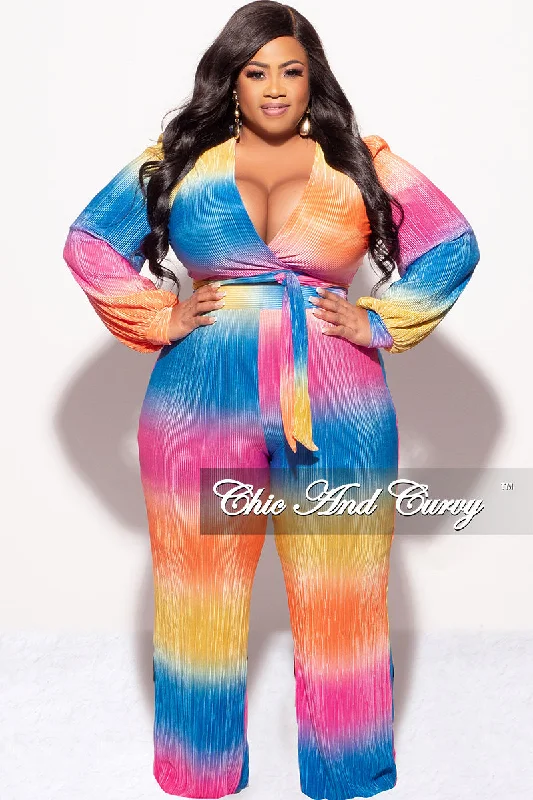 Final Sale Plus Size 2pc Pleated Faux Wrap Bow Tie Top and Pants Set in Fuchsia Orange and Mustard and Royal Blue Relaxed Lounge Trousers