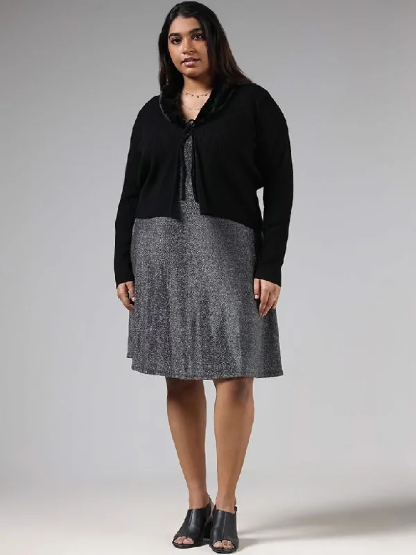 Gia Black Front Tie Up Cardigan Ribbed Striped Patterned