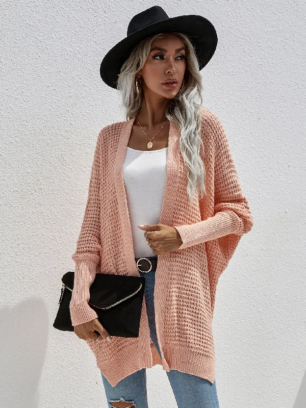Waffle Knit Open Front Cardigan Boat Neck Shawl Collar Notched Collar