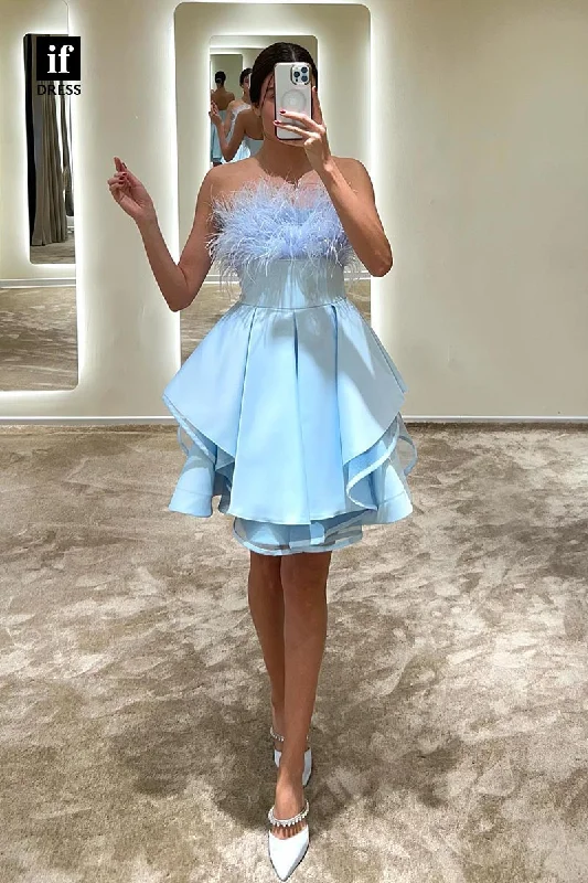 F1824 - Unique Strapless A-Line Feathers Pleated Short Cocktail Homecoming Party Dress Tunics Winter warm F1824 - Unique Strapless A-Line Feathers Pleated Short Cocktail Homecoming Party Dress Tunics Winter warm
