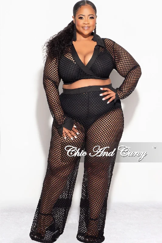 Final Sale Plus Size 2pc Fishnet Faux Wrap Tie Top and Pants Set in Black Elegant Silk Pants Final Sale Plus Size 2pc Fishnet Faux Wrap Tie Top and Pants Set in Black Elegant Silk Pants